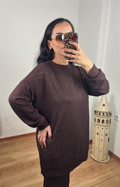 BİSİKLET YAKA SPİRAL TAŞ DİZAYN MODAL KAHVERENGİ TUNİK TAKIM