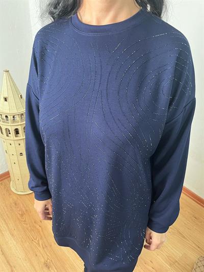 BİSİKLET YAKA SPİRAL TAŞ DİZAYN MODAL LACİVERT TUNİK TAKIM