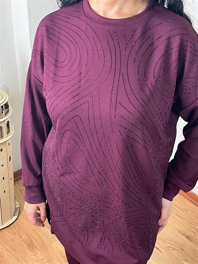 BİSİKLET YAKA SPİRAL TAŞ DİZAYN MODAL BORDO TUNİK TAKIM