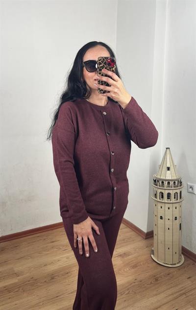 BİSİKLET YAKA SÜS ÇITÇIT DETAYLI BORDO SELANİK TAKIM