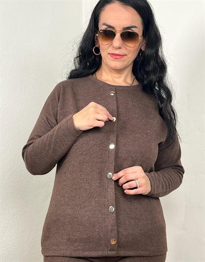 BİSİKLET YAKA SÜS ÇITÇIT DETAYLI KAHVERENGİ SELANİK TAKIM