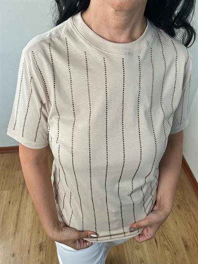 BİSİKLET YAKA TAŞ ÇİZGİLİ KREM T-SHIRT