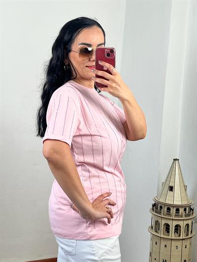 BİSİKLET YAKA TAŞ ÇİZGİLİ PEMBE T-SHIRT