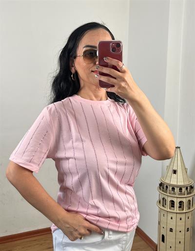 BİSİKLET YAKA TAŞ ÇİZGİLİ PEMBE T-SHIRT