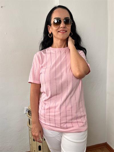 BİSİKLET YAKA TAŞ ÇİZGİLİ PEMBE T-SHIRT