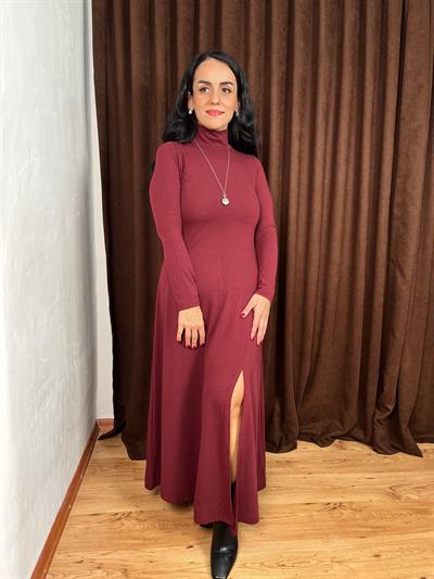 ÇİLEK TRİKO BALIKÇI YAKA YIRTMAÇLI BORDO UZUN ELBİSE