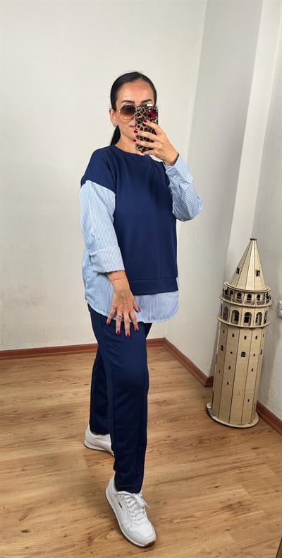 ÇİZGİLİ GÖMLEK DETAYLI LACİVERT MODAL İKİLİ TAKIM