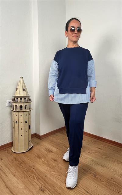 ÇİZGİLİ GÖMLEK DETAYLI LACİVERT MODAL İKİLİ TAKIM