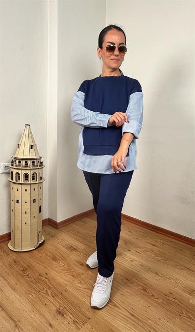 ÇİZGİLİ GÖMLEK DETAYLI LACİVERT MODAL İKİLİ TAKIM