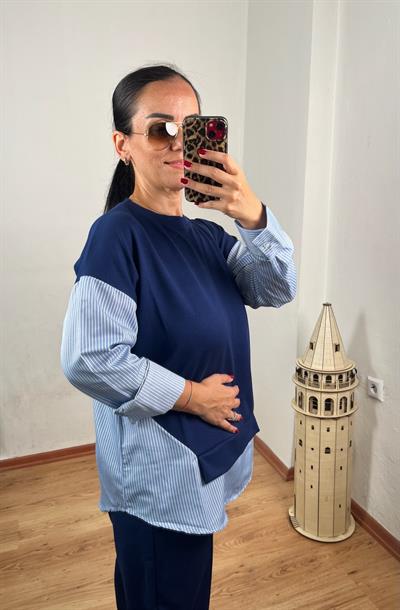 ÇİZGİLİ GÖMLEK DETAYLI LACİVERT MODAL İKİLİ TAKIM