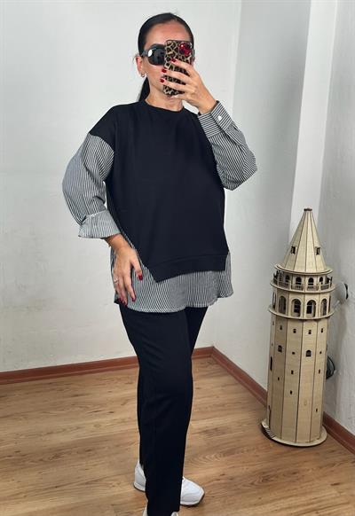 ÇİZGİLİ GÖMLEK DETAYLI SİYAH MODAL İKİLİ TAKIM