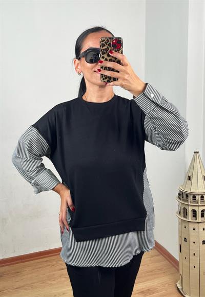 ÇİZGİLİ GÖMLEK DETAYLI SİYAH MODAL İKİLİ TAKIM