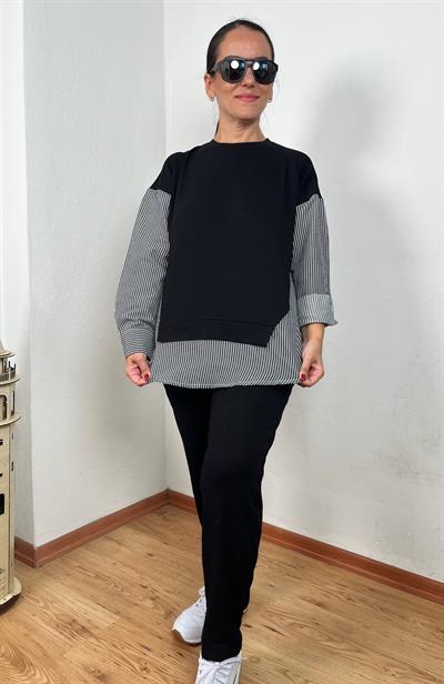 ÇİZGİLİ GÖMLEK DETAYLI SİYAH MODAL İKİLİ TAKIM