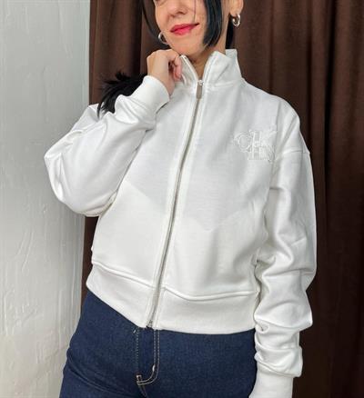 FERMUARLI NAKIŞLI BEL BOY BEYAZ SWEATSHİRT