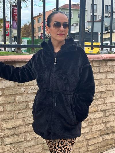 DİK YAKA BELDEN BAĞCIKLI ASTARLI SİYAH TAVŞAN KÜRK KABAN