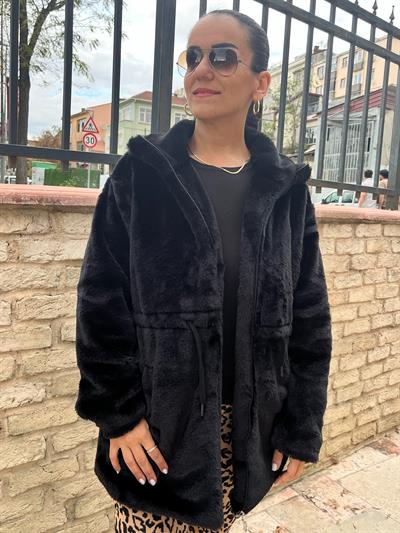 DİK YAKA BELDEN BAĞCIKLI ASTARLI SİYAH TAVŞAN KÜRK KABAN