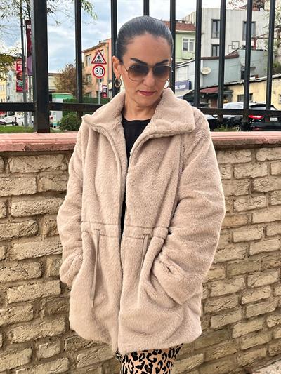 DİK YAKA BELDEN BAĞCIKLI ASTARLI VİZON TAVŞAN KÜRK KABAN