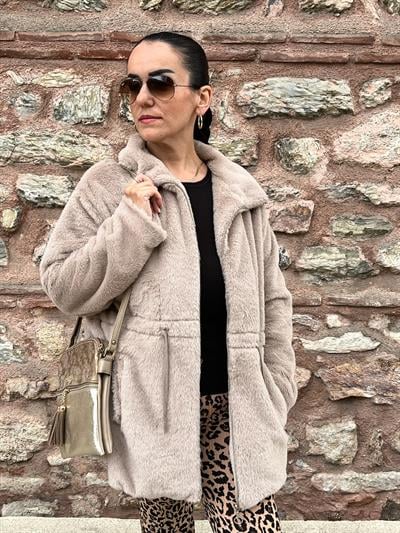 DİK YAKA BELDEN BAĞCIKLI ASTARLI VİZON TAVŞAN KÜRK KABAN