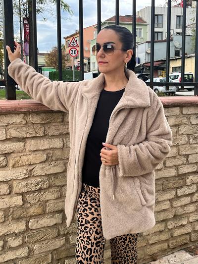 DİK YAKA BELDEN BAĞCIKLI ASTARLI VİZON TAVŞAN KÜRK KABAN