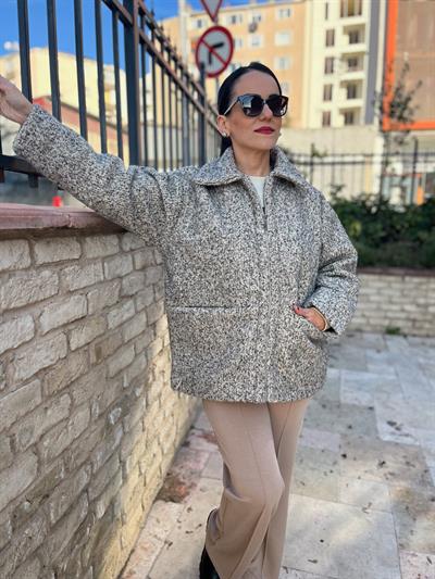 FERMUARLI ŞIK GRİ KIRÇILLI KAŞE KABAN