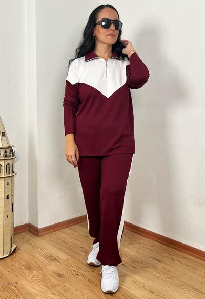 FERMUARLI YAKA BEYAZ ŞERİT DETAYLI BORDO UZUN KOLLU TAKIM
