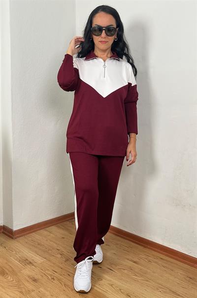 FERMUARLI YAKA BEYAZ ŞERİT DETAYLI BORDO UZUN KOLLU TAKIM