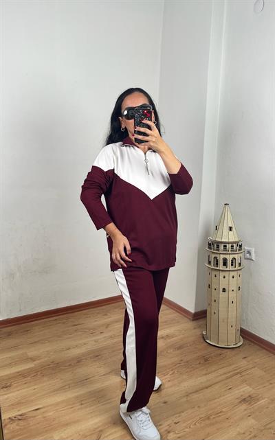 FERMUARLI YAKA BEYAZ ŞERİT DETAYLI BORDO UZUN KOLLU TAKIM
