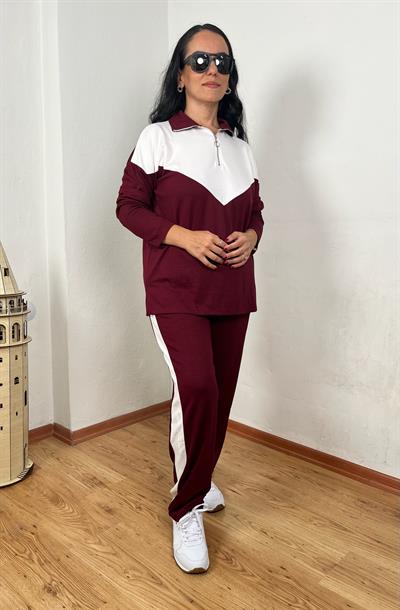 FERMUARLI YAKA BEYAZ ŞERİT DETAYLI BORDO UZUN KOLLU TAKIM