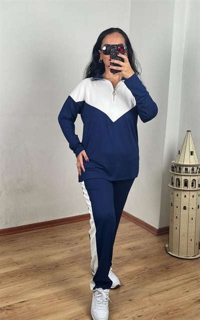 FERMUARLI YAKA BEYAZ ŞERİT DETAYLI LACİVERT UZUN KOLLU TAKIM
