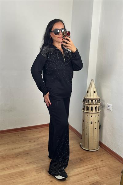 FERMUARLI YAKA OYSH KUMAŞ TAŞ DETAYLI UZUN KULLU SİYAH İKİLİ TAKIM