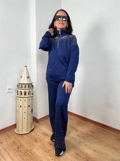 FERMUARLI YAKA OYSH KUMAŞ TAŞ DETAYLI UZUN KULLU LACİVERT İKİLİ TAKIM