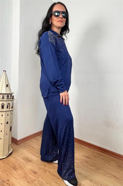 FERMUARLI YAKA OYSH KUMAŞ TAŞ DETAYLI UZUN KULLU LACİVERT İKİLİ TAKIM