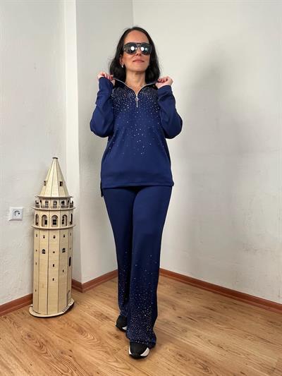 FERMUARLI YAKA OYSH KUMAŞ TAŞ DETAYLI UZUN KULLU LACİVERT İKİLİ TAKIM