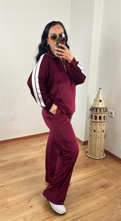 FERMUARLI YAKA ŞERİT DETAYLI KADİFE BORDO TAKIM