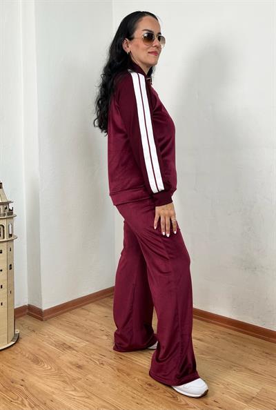 FERMUARLI YAKA ŞERİT DETAYLI KADİFE BORDO TAKIM