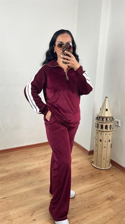 FERMUARLI YAKA ŞERİT DETAYLI KADİFE BORDO TAKIM