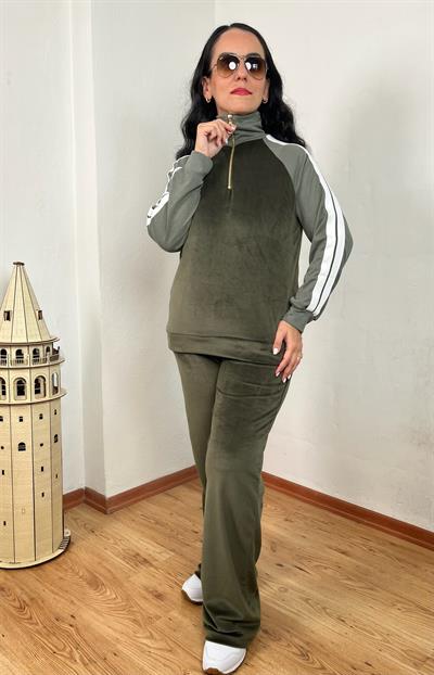 FERMUARLI YAKA ŞERİT DETAYLI KADİFE HAKİ TAKIM