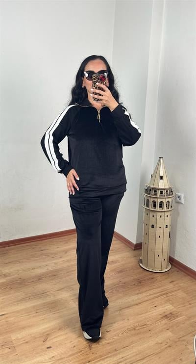 FERMUARLI YAKA ŞERİT DETAYLI KADİFE SİYAH TAKIM