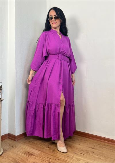 HAKIM YAKA KEMERLİ UZUN MOR ELBİSE
