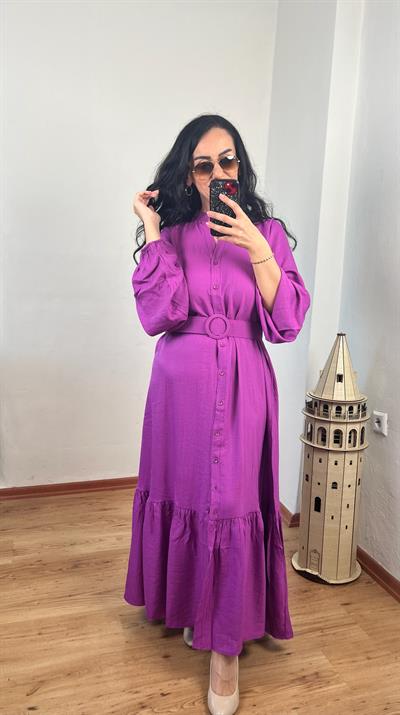 HAKIM YAKA KEMERLİ UZUN MOR ELBİSE