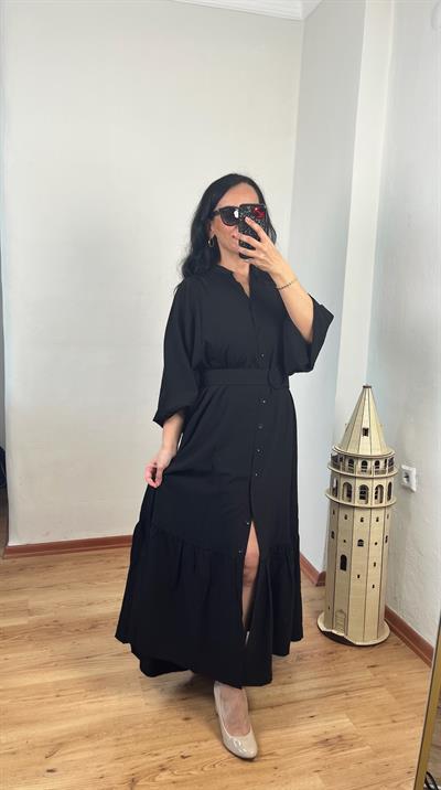 HAKIM YAKA KEMERLİ UZUN SİYAH ELBİSE