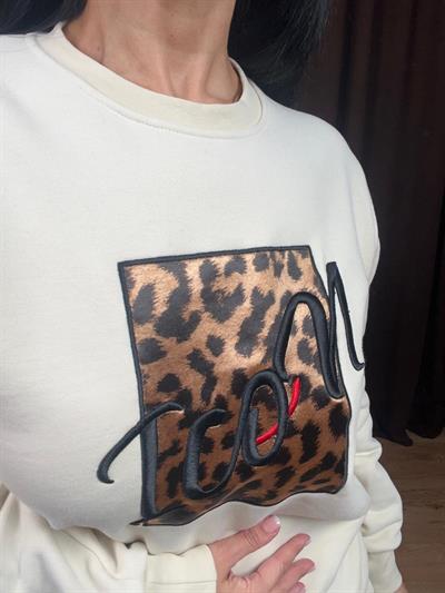 İCON NAKIŞ LEOPAR DETAYLI EKRU SWEATSHİRT
