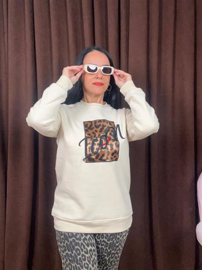 İCON NAKIŞ LEOPAR DETAYLI EKRU SWEATSHİRT