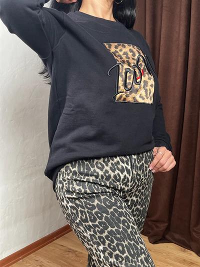 İCON NAKIŞ LEOPAR DETAYLI SİYAH SWEATSHİRT