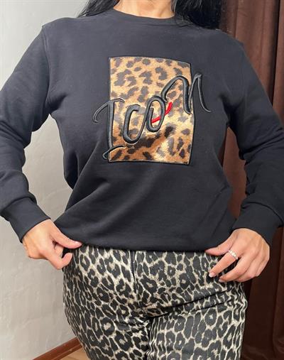İCON NAKIŞ LEOPAR DETAYLI SİYAH SWEATSHİRT