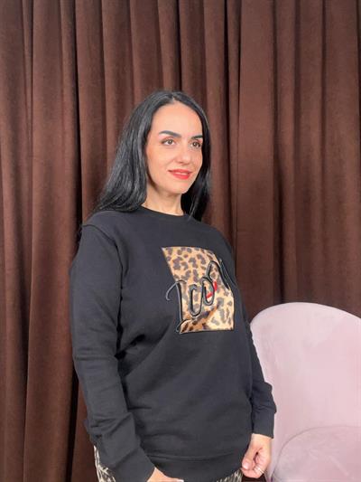 İCON NAKIŞ LEOPAR DETAYLI SİYAH SWEATSHİRT