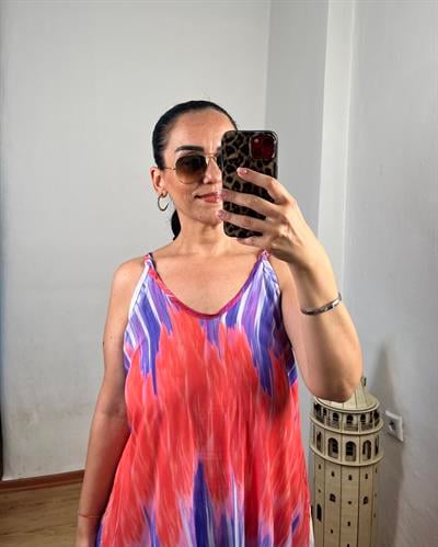 İNCE ASKILI UZUN KLOŞ MOR-TURUNCU ELBİSE