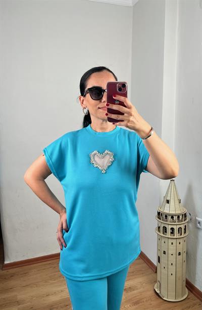 KALP DETAYLI SİMLİ ŞERİTLİ MODAL MAVİ TAKIM