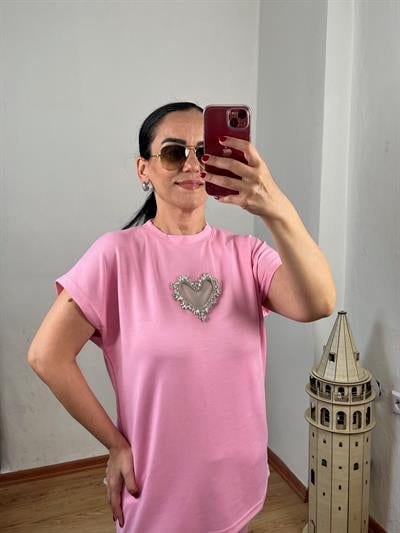 KALP DETAYLI SİMLİ ŞERİTLİ MODAL PEMBE TAKIM