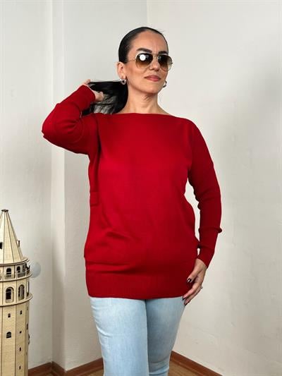 KAYIK YAKA CEPLİ KIRMIZI UZUN TRİKO